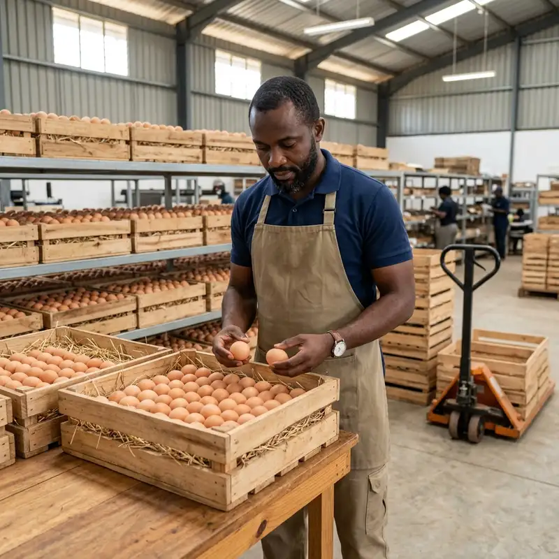 African Agribusiness Logistics Manager inspecting commercial egg crates